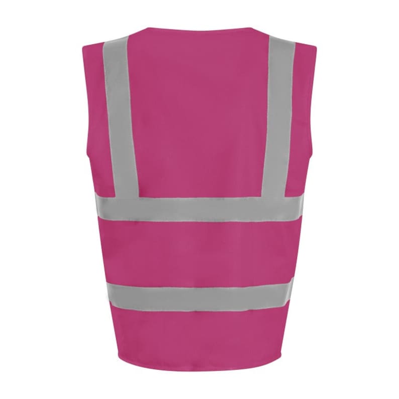 May include: A pink safety vest with reflective silver stripes. The vest has a V-neck and is sleeveless.