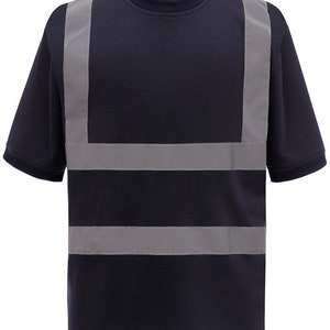 May include: A navy blue short-sleeved t-shirt with three horizontal reflective silver stripes across the chest.
