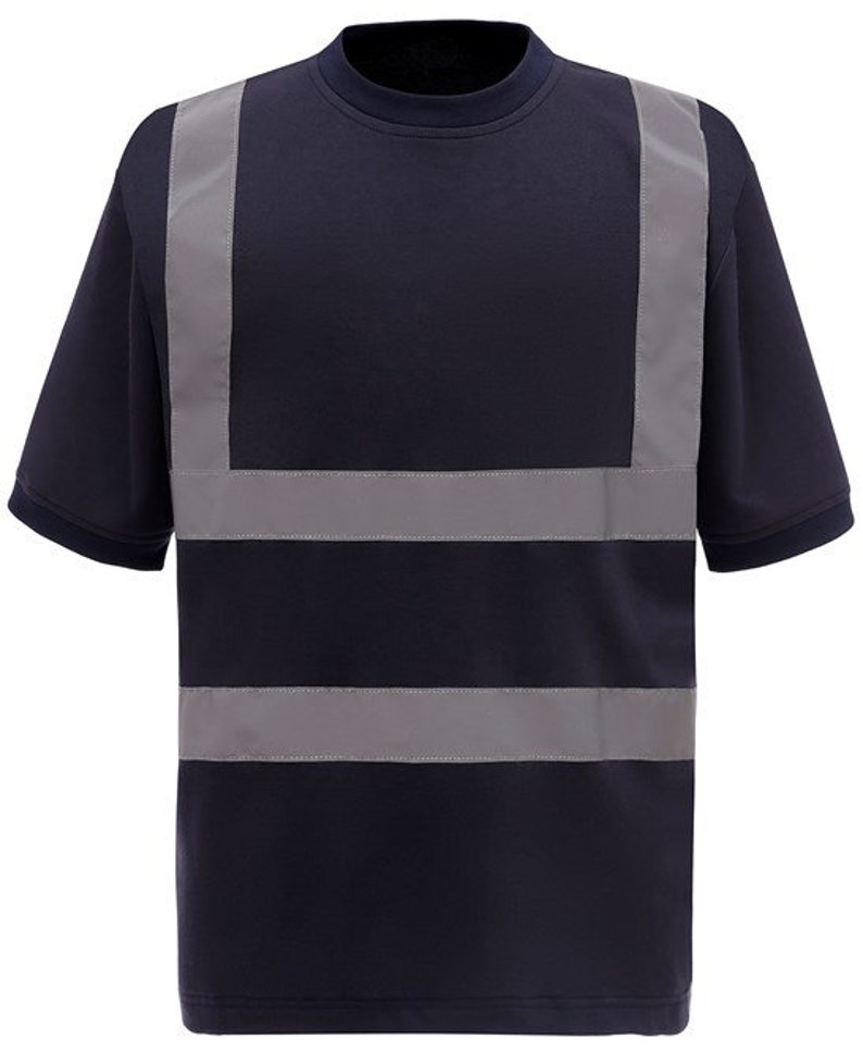 May include: A navy blue short-sleeved t-shirt with three horizontal reflective silver stripes across the chest.