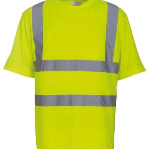 May include: A bright yellow short-sleeved t-shirt with three reflective silver stripes across the chest.
