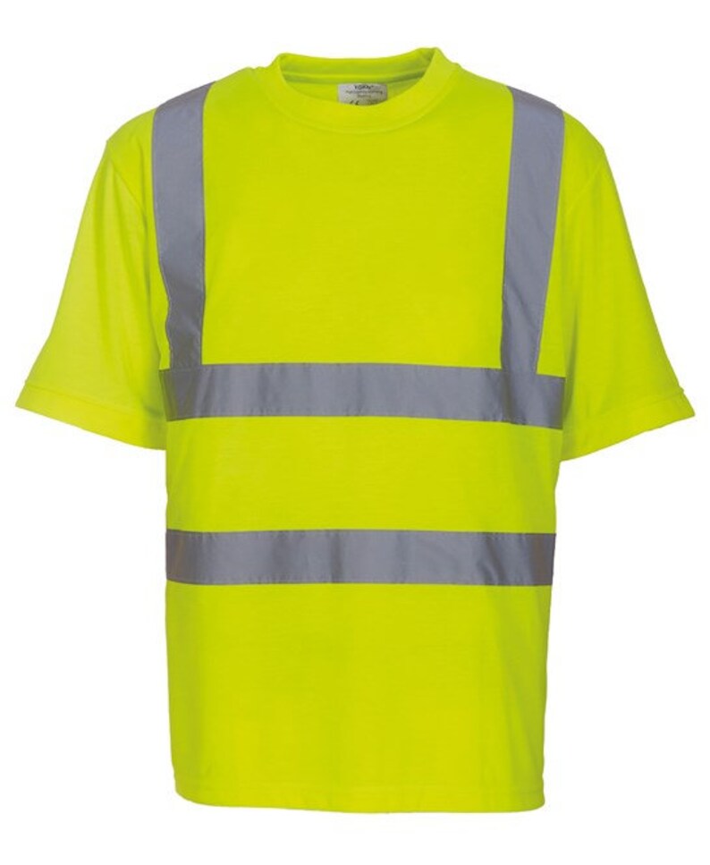 May include: A bright yellow short-sleeved t-shirt with three reflective silver stripes across the chest.