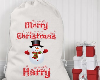 Personalised Santa Sack, Christmas Stocking, Merry Christmas Snowman 2 Large Christmas Sack, Kids Santa Bag, Santa Toy Sack, XL Gift Bag