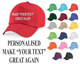 May include: A red baseball cap with the text "MAKE "YOUR TEXT" GREAT AGAIN" embroidered in white. The cap is shown with a variety of other colors, including green, blue, yellow, and black.