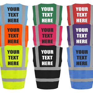 May include: Nine safety vests in different colors, including blue, green, red, orange, pink, purple, yellow, black, and light blue. Each vest has reflective strips and the text "YOUR TEXT HERE" printed on the back.