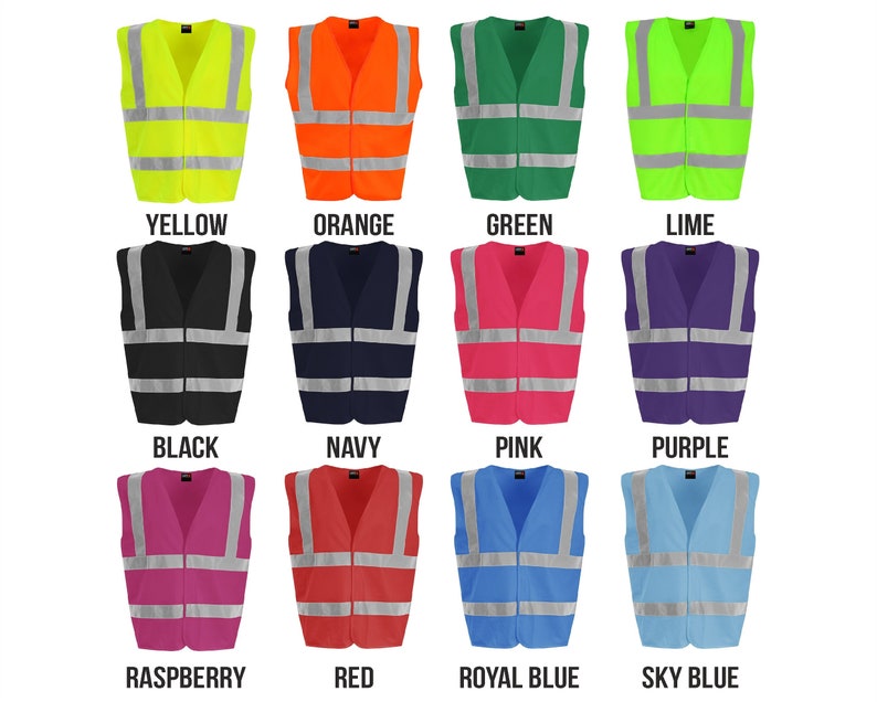 May include: A selection of safety vests in various colors, including yellow, orange, green, lime, black, navy, pink, purple, raspberry, red, royal blue, and sky blue. Each vest has reflective strips for visibility.
