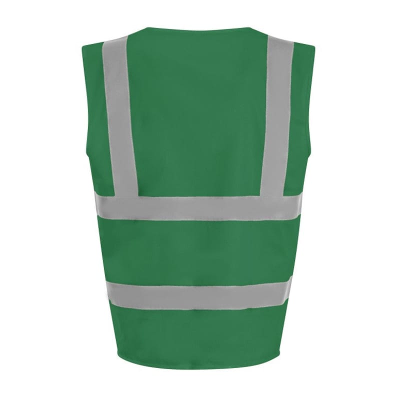 May include: Green safety vest with reflective silver stripes. The vest has a V-neck and is sleeveless.