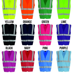 May include: A set of 12 safety vests in various colors, including yellow, orange, green, lime, black, navy, pink, purple, raspberry, red, royal blue, and sky blue. Each vest has reflective strips for visibility.