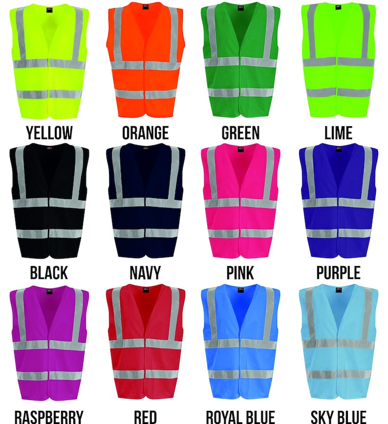 May include: A set of 12 safety vests in various colors, including yellow, orange, green, lime, black, navy, pink, purple, raspberry, red, royal blue, and sky blue. Each vest has reflective strips for visibility.