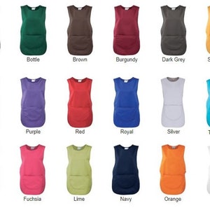 May include: A set of 18 sleeveless aprons in various colors, including black, bottle green, brown, burgundy, dark grey, sunflower yellow, pink, purple, red, royal blue, silver, turquoise, emerald green, fuchsia, lime green, navy blue, orange, and white. Each apron has a single pocket on the front.