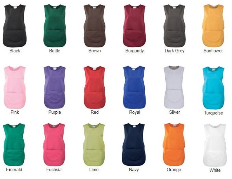 May include: A set of 18 sleeveless aprons in various colors, including black, bottle green, brown, burgundy, dark grey, sunflower yellow, pink, purple, red, royal blue, silver, turquoise, emerald green, fuchsia, lime green, navy blue, orange, and white. Each apron has a single pocket on the front.