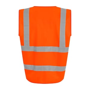 May include: Orange safety vest with reflective silver stripes.