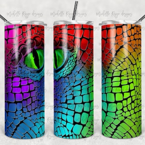 May include: Three stainless steel tumblers with a colorful, abstract, reptile-like pattern. The pattern is a mosaic of red, orange, yellow, green, blue, and purple. The tumblers are all the same size and shape.