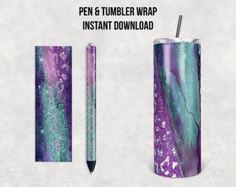 Purple Teal Glitter Leopard Print Via Lattea, Tumbler sottile da 20 oz e penna combinata, Design a sublimazione, Download istantaneo