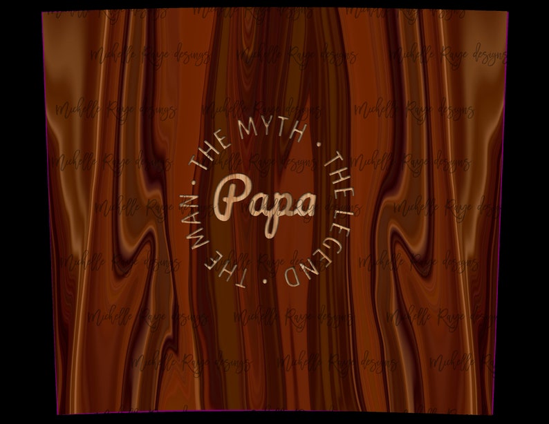 Op de afbeelding: Een bruine houten achtergrond met een gouden cirkel waarop "The Man, The Myth, The Legend - Papa" in een cirkelvormig ontwerp staat.