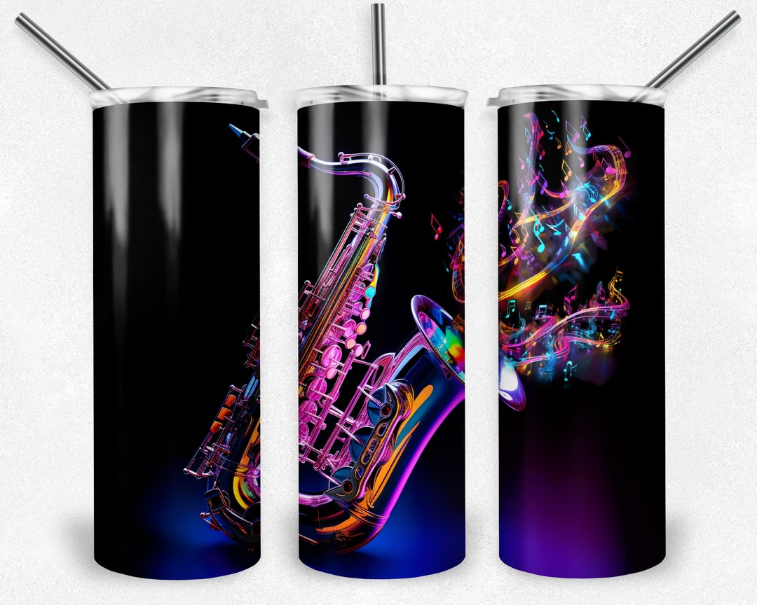 Saxophone and Music Notes Sublimation Tumbler Wrap Png, Neon Bright