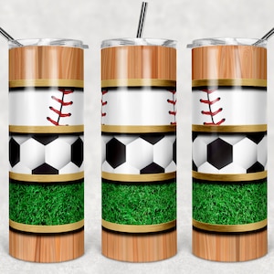 Béisbol y fútbol con rayas de hierba y madera, vasos flacos, vaso de 20 oz, descarga instantánea, PNG