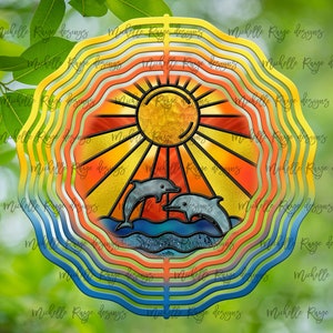 Delfin Sonnenuntergang Glasmalerei, hängende Wind Spinner für den Außenbereich, Sublimation Design, Instant Download