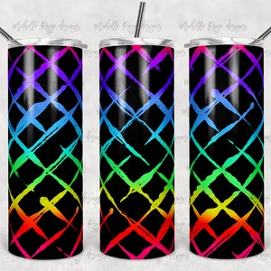 May include: A black tumbler with a rainbow criss-cross pattern. The tumbler has a clear lid and a stainless steel straw.