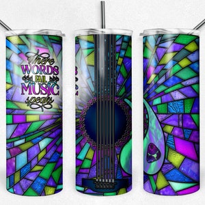 Stained Glass Guitar PNG Tumbler Wrap, 20oz Tumbler Design, Guitar pick Full Tumbler File, Where words fail Guitar, instant download,  PNG