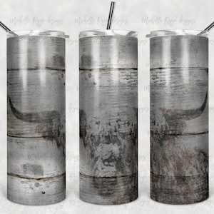 Vaca de las Tierras Altas en grano de madera gris, Country Western, sublimación, vaso flaco de 20 oz, descarga digital instantánea