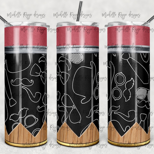 Teacher, Men's Pencil Man, Mustache, Black, 20 oz Skinny Tumbler, Sublimation Design, Digital Download PNG, Instant DIGITAL ONLY