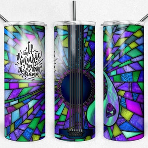 20 oz Skinny Tumbler PNG Wrap, Zet de muziek harder, Paars en Teal Gitaar Gebrandschilderd glas, Skinny Tumbler, Sublimatie, Instant Download
