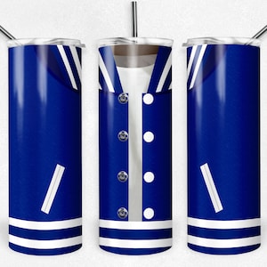 May include: Three blue and white striped tumblers with a blue varsity jacket design. The center tumbler has a white undershirt design.