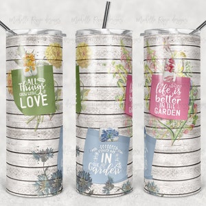 Garden Flowers and White Wood and Notes, Skinny Tumblers, 20 oz Tumbler, Instant Download, PNG