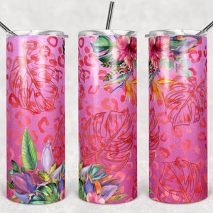 Pink Jungle Safari Leopard Print and Tropical Flowers, Monstera, 20 oz. Skinny Sublimation Tumblers, Instant Download