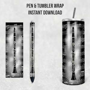 May include: A black and white digital design featuring a clarinet on a background of musical notes. This design is for a tumbler and pen wrap.