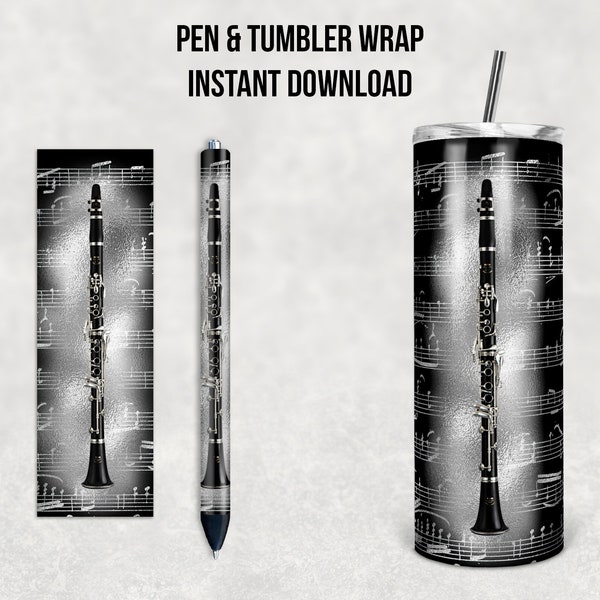 Clarinet and Sheet Music, Musical Instrument, 20 oz Skinny Tumbler and Pen Combo, Sublimation Design, Instant Download