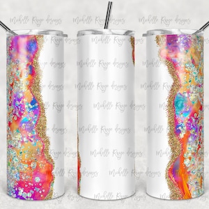 Bright Rainbow Alcohol Ink and Gold Glitter with Place for Name, Printable Designs, 20 oz Skinny Tumbler, Instant Download