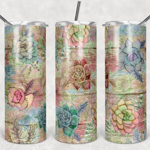 Suculentas de acuarela en grano de madera, vasos flacos, vaso de 20 oz, descarga instantánea, PNG