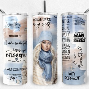 Rubia mujer afirmación PNG sublimación vaso envoltura, Caucasion blanco 20 oz flaco vaso amor propio, inspirador, descarga instantánea