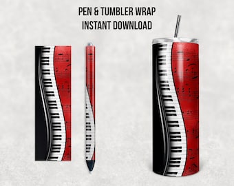 Pianoforte rosso e spartiti, strumento musicale, bicchiere magro da 20 oz e penna combinata, design a sublimazione, download istantaneo