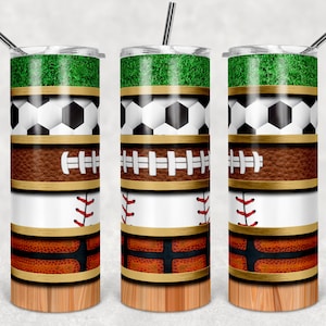 Fútbol Fútbol Béisbol y Baloncesto con Rayas de Hierba y Grano de Madera, Vasos Flacos, Vaso de 20 oz, Descarga Instantánea
