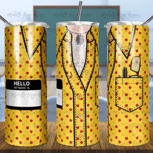 Female Teacher, Apples, Yellow, Hello My Name Is, 20 oz Skinny Tumbler, Sublimation Design, Digital Download PNG, Instant DIGITAL ONLY