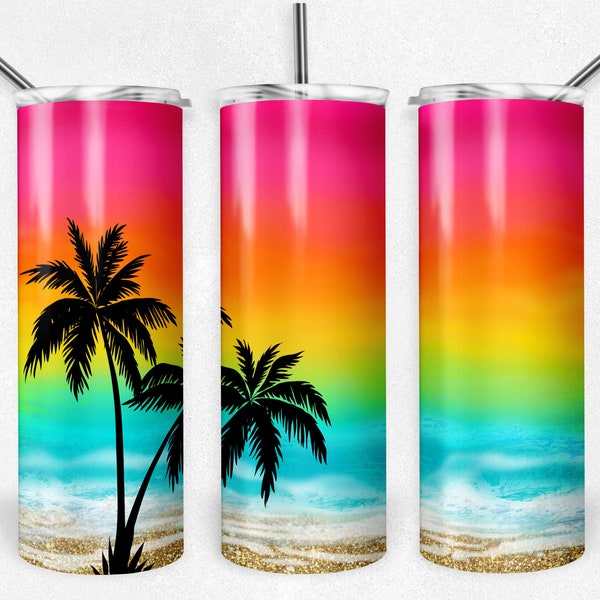 Bright Rainbow Beach with Palm Trees, Skinny Tumblers, 20 oz Tumbler, Instant Download, PNG