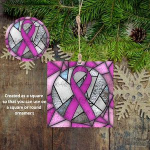 Pink Awareness Ribbon Buntglas Weihnachtsverzierung, Brustkrebs, Sublimation Design, Sofort Download, Mockup