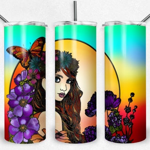 Buntglas Blumen Schmetterling Fee PNG Wrap, Fantasy Design, Sublimation Becher Datei, 20 Unzen Becher Design, digitaler Download, Mosaik