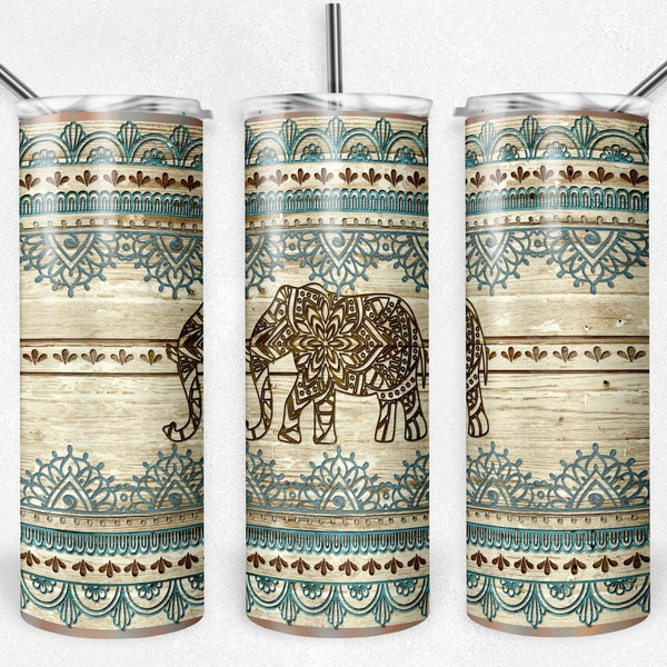 India Elephant Mandala Wood Grain, Skinny Tumblers, 20 oz Tumbler design, Instant Download