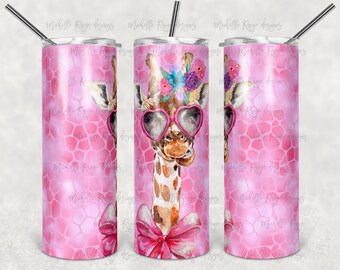 Giraffe with flowers, Cute pink giraffe tumbler, Safari, Glasses, Watercolor, 20 oz Skinny tumbler design, Instant digital, sublimation