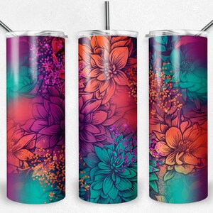 Design de flores artesanais brilhantes, sublimação, envoltório de copo, 20 onças. Copos magros, download digital instantâneo, PNG, JPG