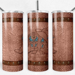 Rust Brown, Teal Cowboy Hat and Boots, Tooled Leather, Western, Sublimation Design, 20 oz Skinny Tumbler, Download