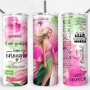 Selbstliebe Affirmation PNG Sublimation Becher wrap, blonde kaukasische Frau, 20 oz Skinny Tumbler Datei, inspirierend, Instant download