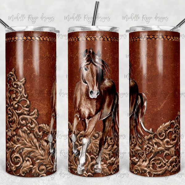 Horse on a vintage leather background with wood flourish, Western, Rustic,sublimation  skinny tumblers, Instant digital design, sublimation