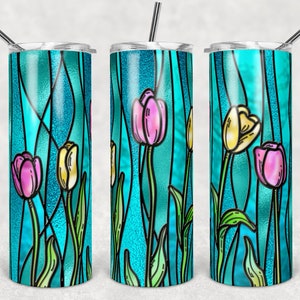 Lente tulpen gebrandschilderd glas PNG wrap, Moederdag sublimatiebestand, magere tuimelaar, 20 oz tuimelaar ontwerp, lentebloemen Instant Download