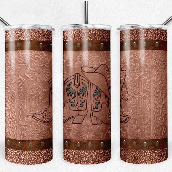 Rust Brown, Green, Cowboy Hat and Boots, Tooled Leather, Western, Sublimation Design, 20 oz Skinny Tumbler, Download