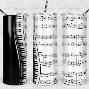 Piano, Partituras, Teclado, Vaso delgado de 20 oz, Diseño de sublimación, Descarga digital instantánea, PNG
