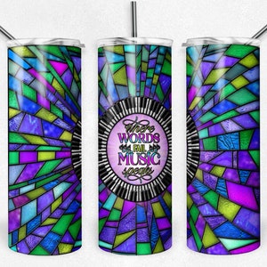 Purple and Teal Piano Keys Stained Glass, Where Words Fail, Music Speaks, 20 oz Skinny Tumbler, Instant Download